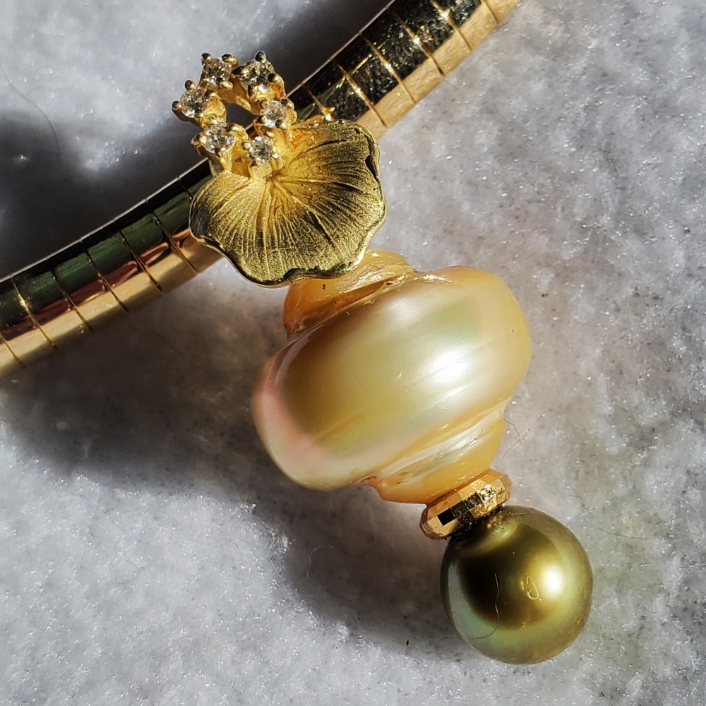 18K YG Golden South Sea & Golden Moss Green Tahitian Pearl Pendant w/ 6 Diamonds